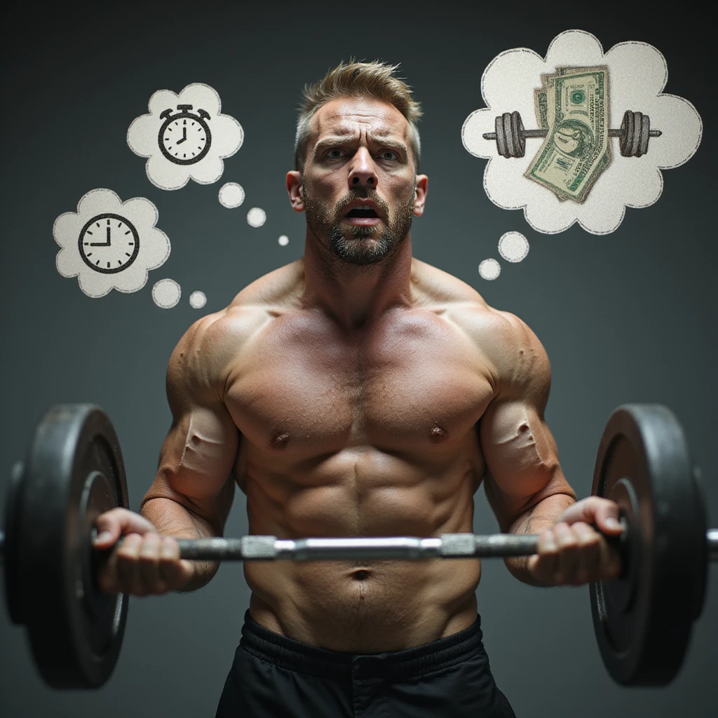 realistic, dramatic; man in gym, average build, lifting weights, stressed and anxious expression, sweat, eyes with mental overload, background with swirling icons and thought bubbles (stress, bills, time, work), expressive body, focus on mental strain emoji
