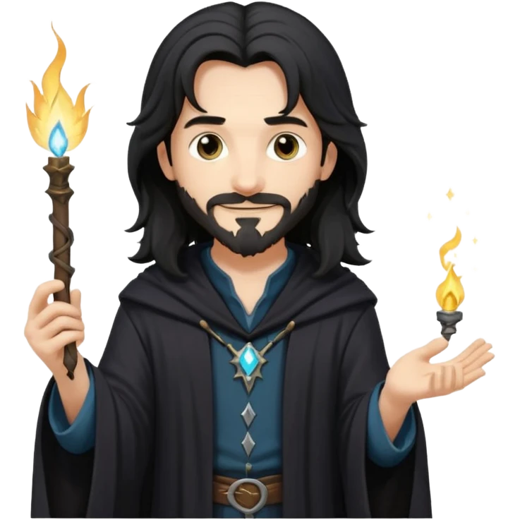 Sirius Black emoji, friendly smile, long hair, casual wizard outfit, holding small magical spark emoji