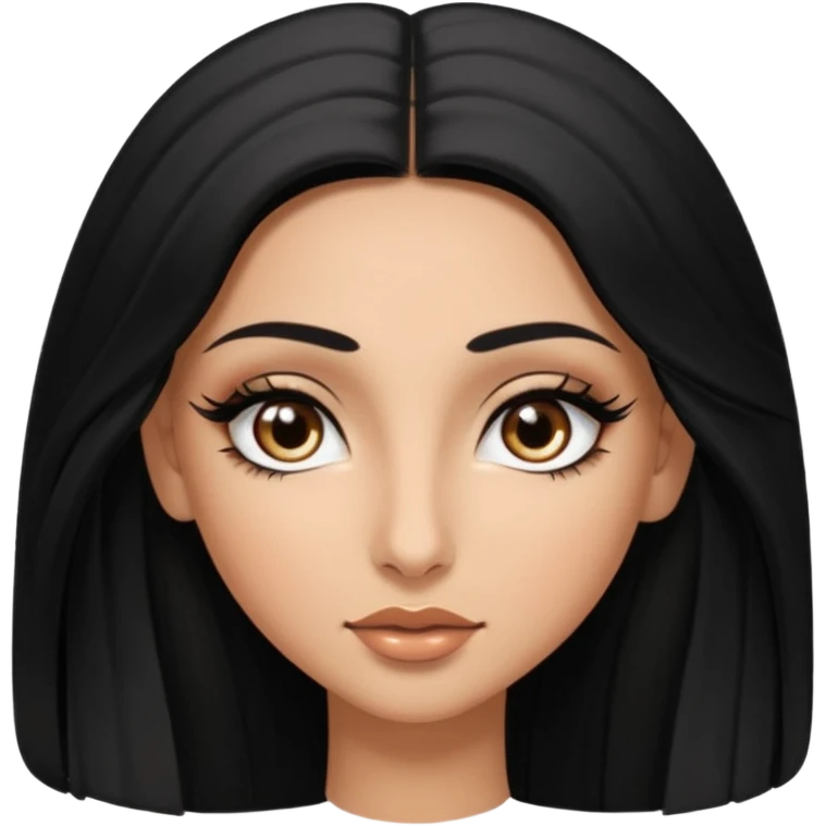 A arabic girl, who has long black styled silk hair, a bit of tan skin but not too tan. almond brown eyes that has black long lashes, small nose and full lips. and a bit of makeup like bronzer. and wearing a white tight top emoji