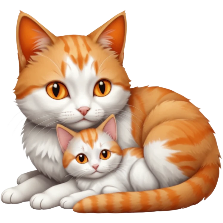 full body of a grey and white cat cuddling a very small + skinny ginger and white kitten with deep orange eyes and triangular shaped face lying down emoji