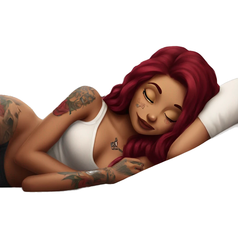 Beautiful tattooed burgundy long haired woman laying on the bed emoji