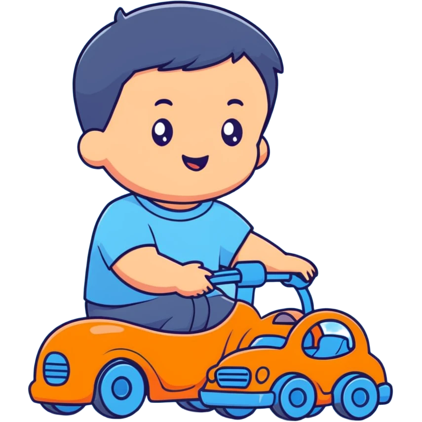 cute toddler boy with pastel blue clothes playing with a blue toy car emoji