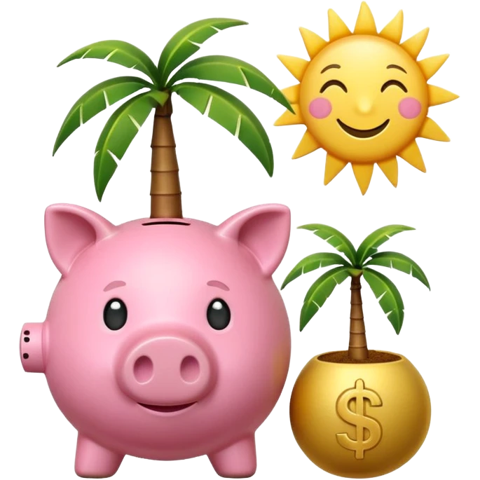 A simple emoji-style icon: A piggy bank with a coin dropping into it, next to a small palm tree and sun, symbolizing saving today for retirement tomorrow. Minimalist, clean design, consistent with emoji aesthetics. emoji