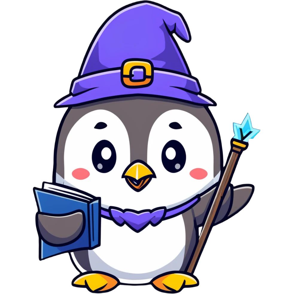 cute penguin wizard with magic staff and spell book emoji