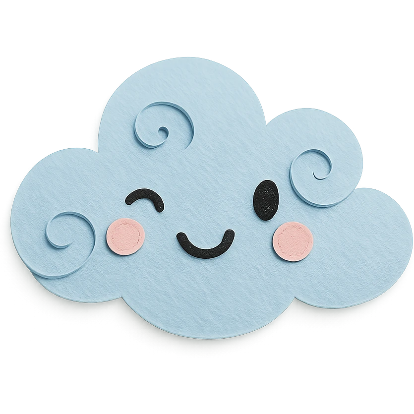 cute light blue cloud, soft swirls, winking face, soft pastel palette, no arms or legs, full body, paper craft style emoji