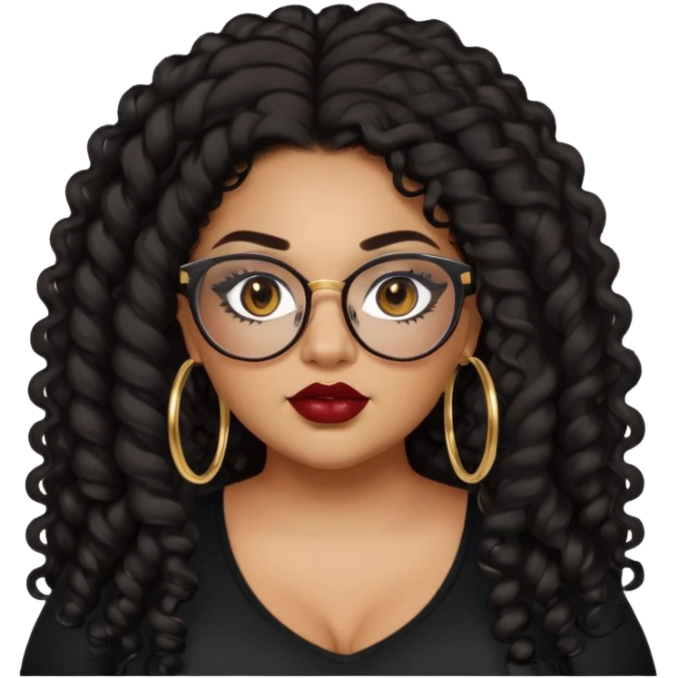 teen big plus size, latina, darker tan skin, gold hoops, long black curly hair, baddie,pretty, makeup, dark red lipgloss, black eyeliner, long hair, black top, black glasses emoji