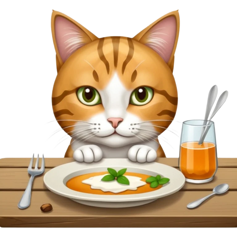 grau weiße Katze auf Tisch mit einem Teller Frikadellen vor sich emoji