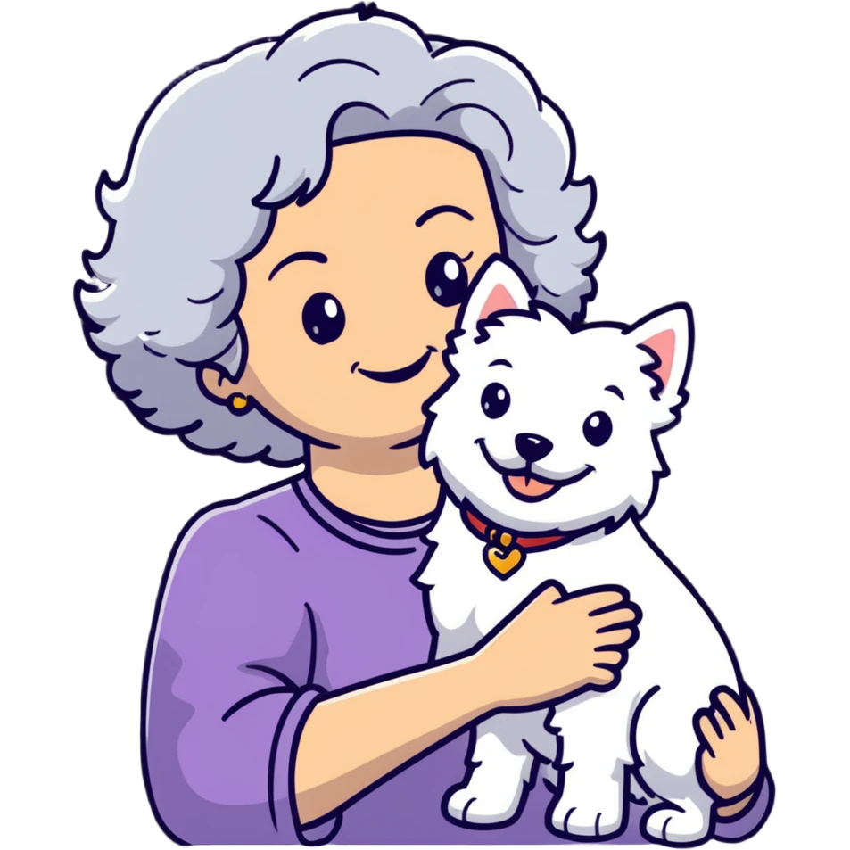 50-year-old woman with silver curly hair, smiling, with a Westie dog, cartoonish sticker emoji
