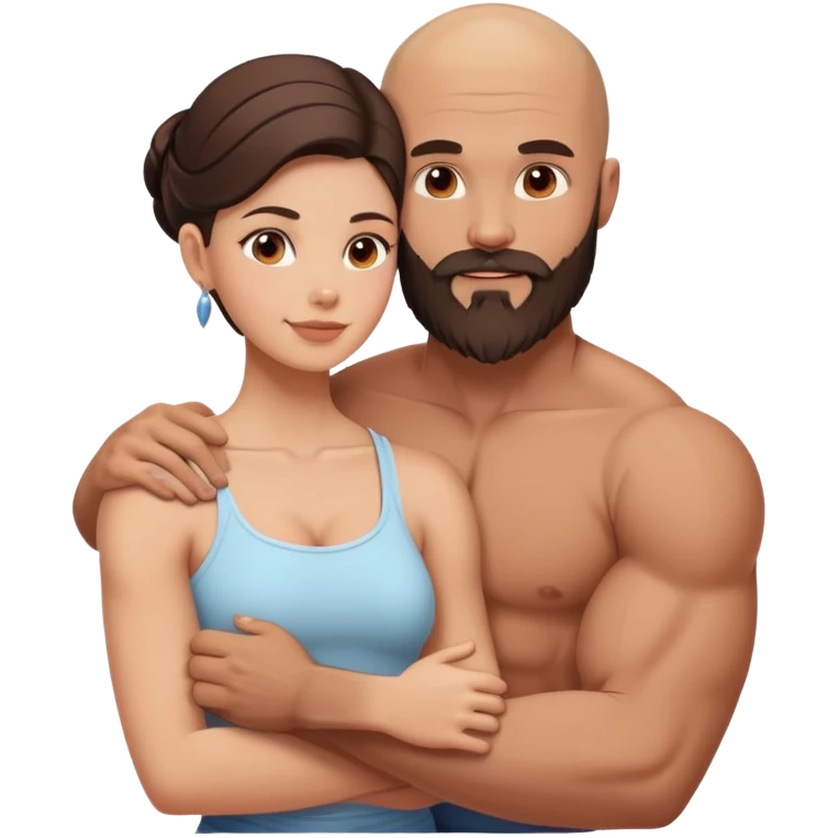 Muscular Bald man with a beard loving on his young beautiful brunette wife  emoji
