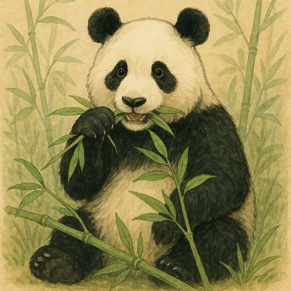 A lovely panda eating bamboo, in the style of the reference image emoji