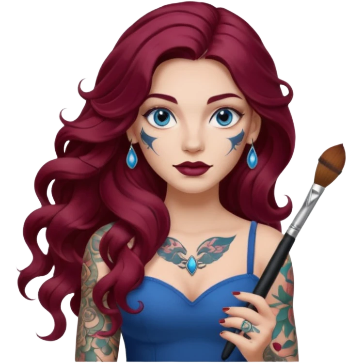  Female long wavy burgundy hair, blue eyes, large tattooed, artist with a makeup brush  emoji