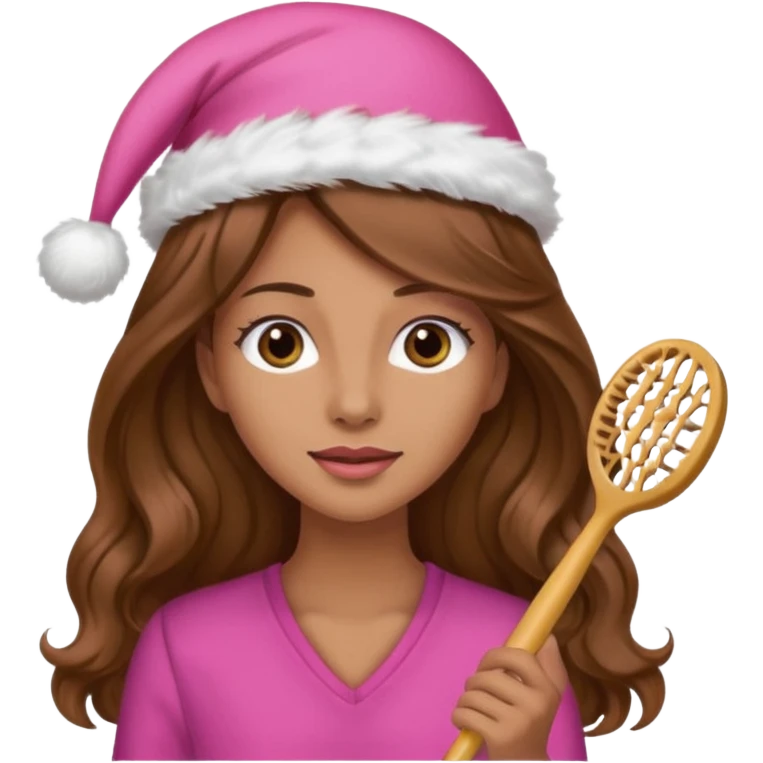 mujer peinandose en la peluqueria y con un gorro de navidad rosado, cabello largo café y ondulado emoji