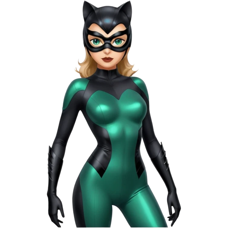 Full body Futuristic Catwoman big blue green eyes with shiny patent leather mask, long false eyashes, most incredible highly detailed Futuristic seductive overall appearance  emoji