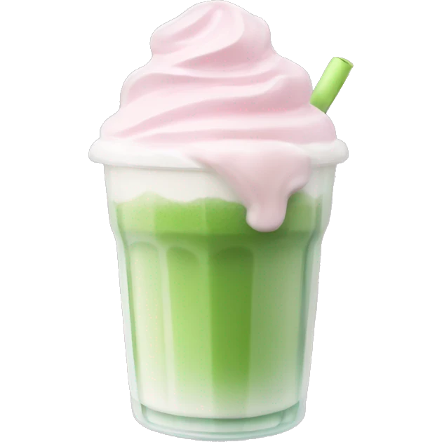 Clear cup with light pink drink, matcha foam, and whip cream on top emoji