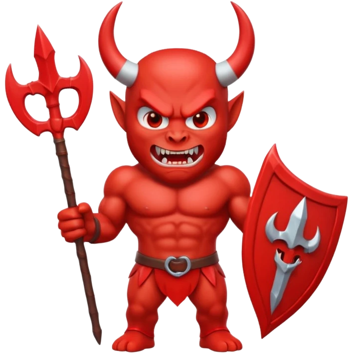 Red devil emoji, 3D cartoon style, muscular body, bright red skin, big curved white horns, angry face, sharp teeth smile, holding red trident, glossy emoji texture, centered character, GREEN SCREEN BACKGROUND, solid green color emoji