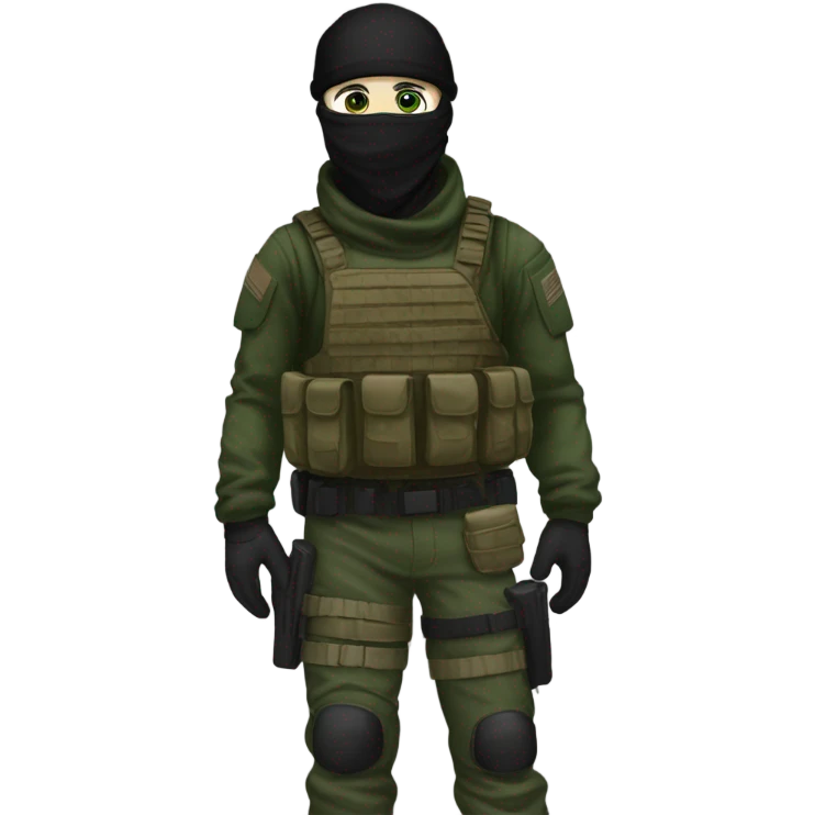 male, tall, white skin, black mask, green camo tactical gear, combat boots, black beanie, hazel eyes emoji