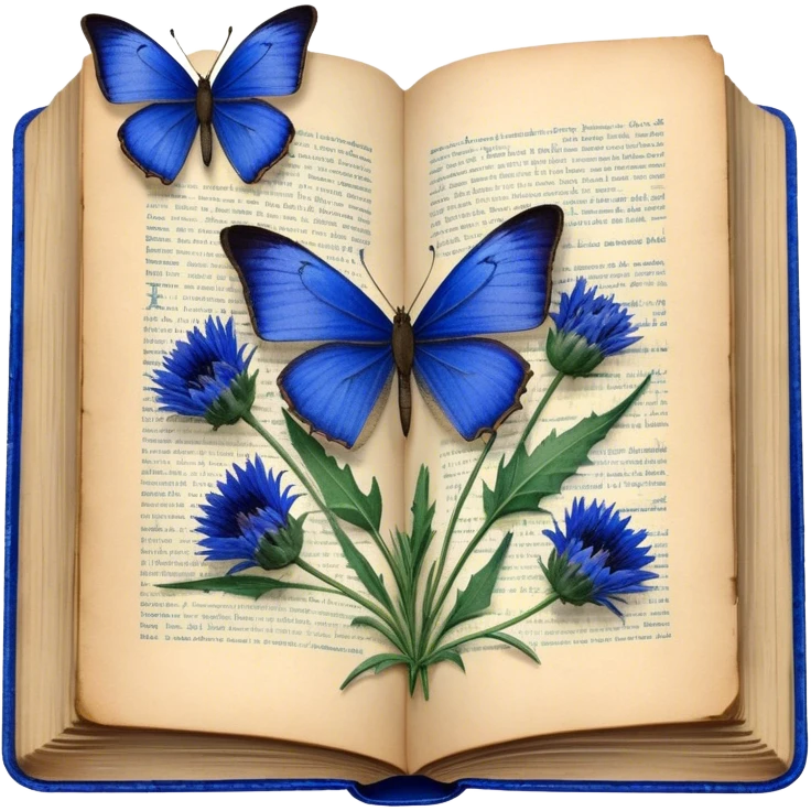 A vintage book with a worn blue cover, open to reveal pressed blue cornflowers and a resting green butterfly. emoji