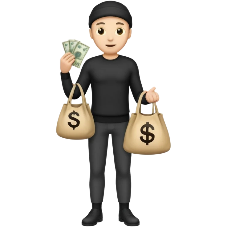 یه آدم قد بلند دزد ایموجی شکل هم باشه یه کیسه پول  گرفته باشه روی کمرشدستش یاشه emoji
