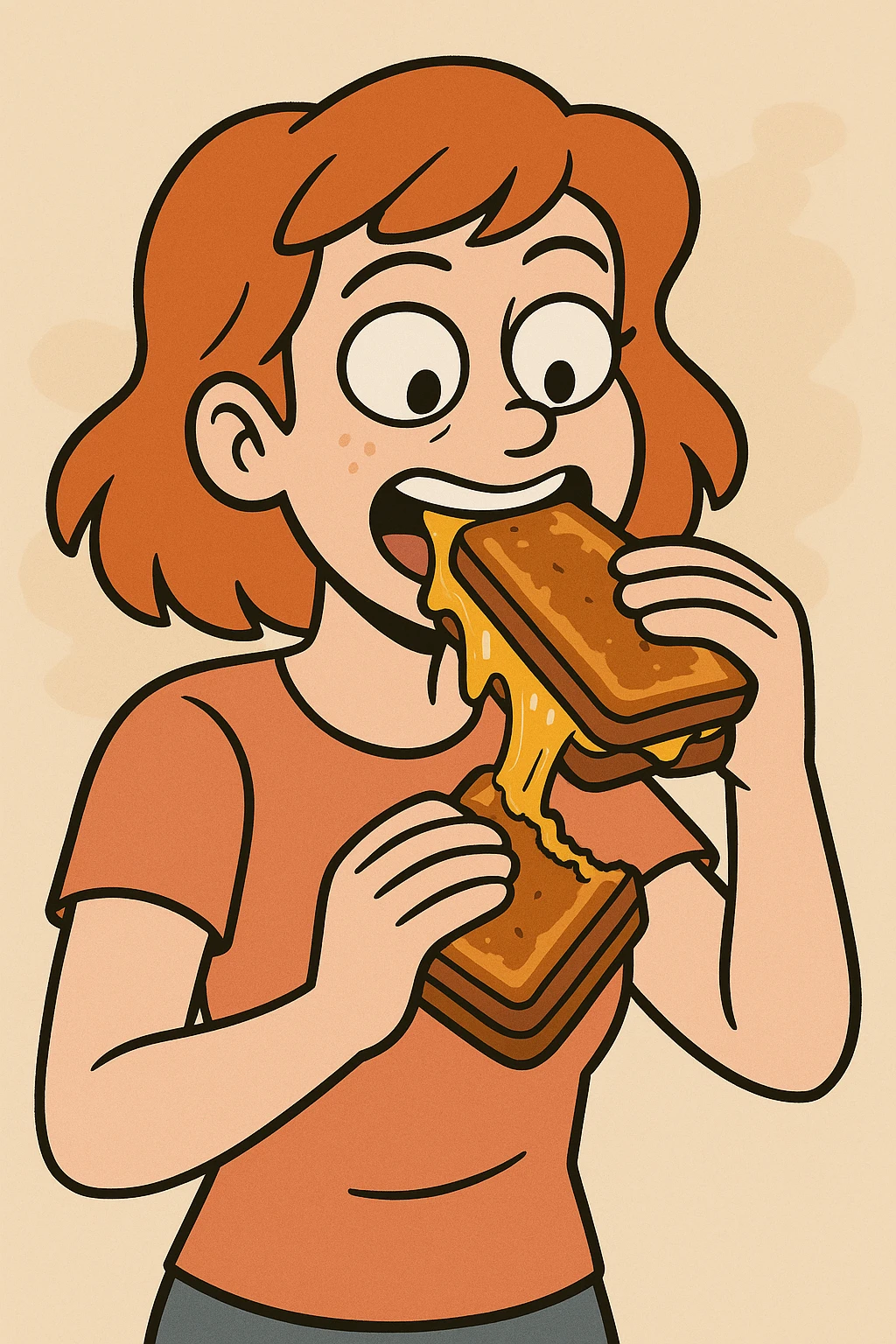 a redhead eating a grilled cheese, cartoon style emoji