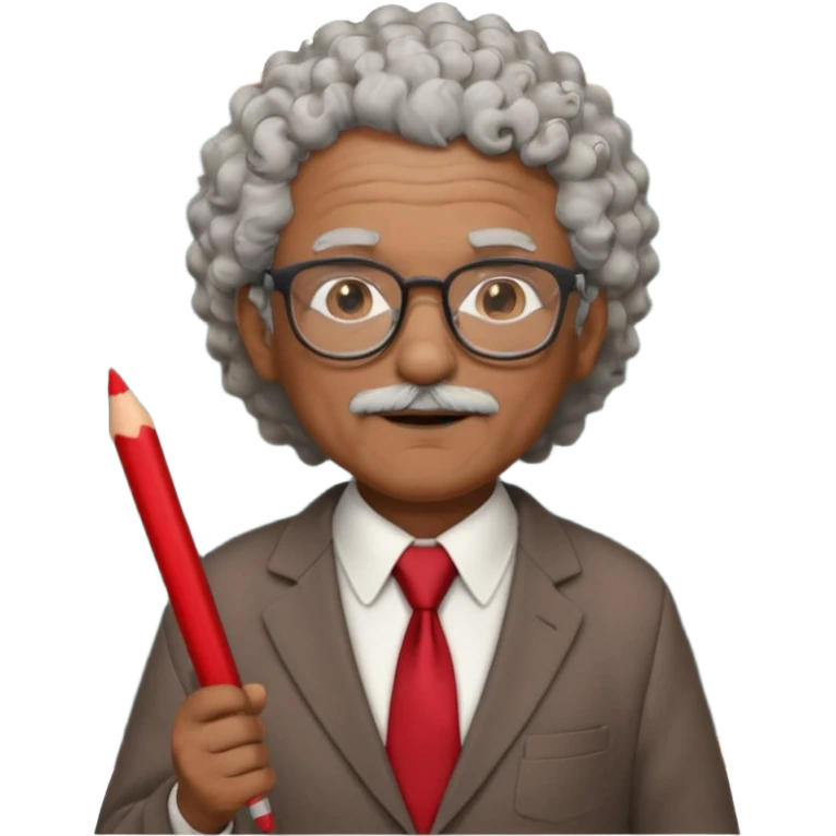 old man teacher, brown skin, curly grey white hai, wearing glasses, brown suit, red tie hold chalk on hand emoji