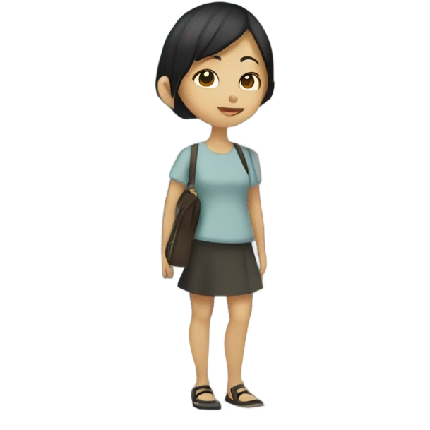 A short hair asian girl stand outside a building named CMC emoji