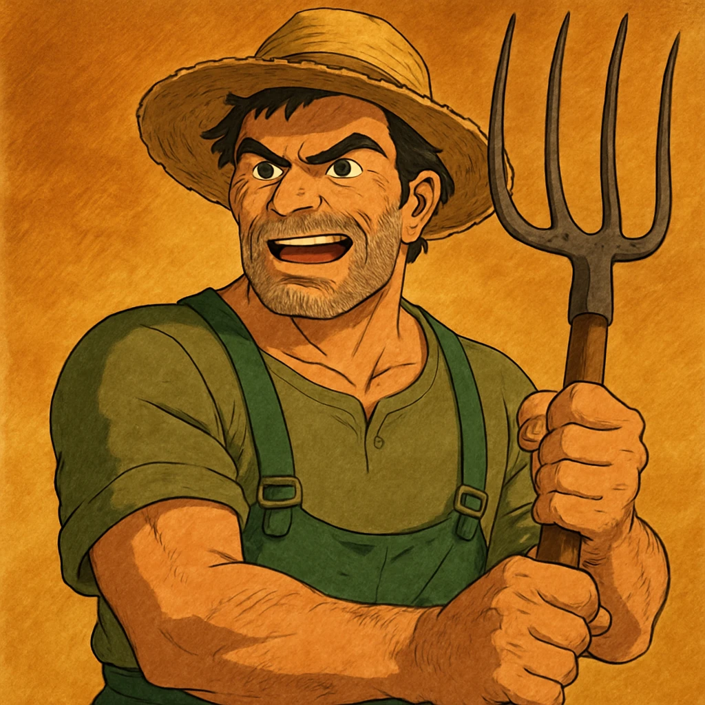 highly detailed illustration of a robust middle-aged farmer with sun-bleached face, black hair, strong jaw, furrowed brow, three-day beard, green trousers with suspenders, green T-shirt, straw hat, clutching rustic pitchfork, determined and excited, warm golden-brown textured background, bold lines, vibrant earth tones, dramatic lighting, rural America emoji