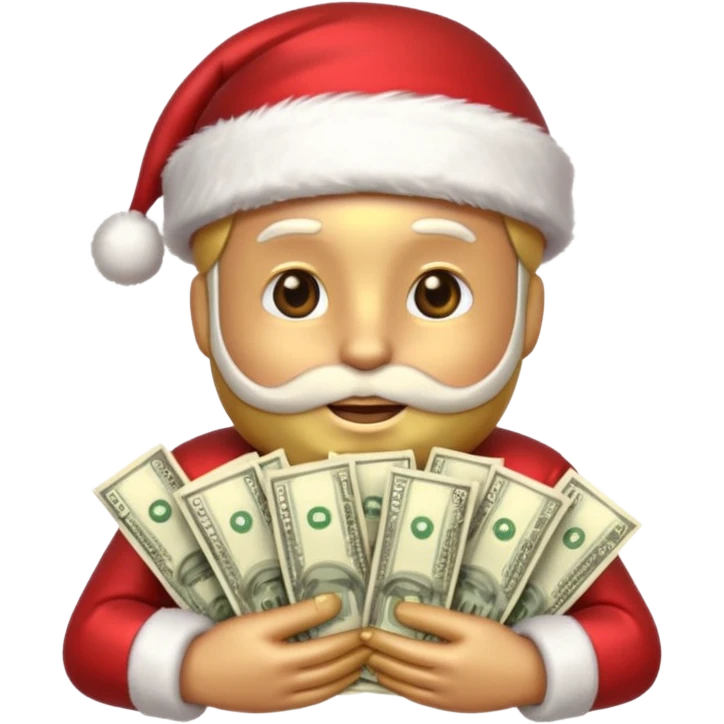 A confident rich emoji face wearing a Santa hat, money stacks, casino vibe, New Year theme, premium 3D emoji style, sharp details, no text, isolated on transparent background emoji