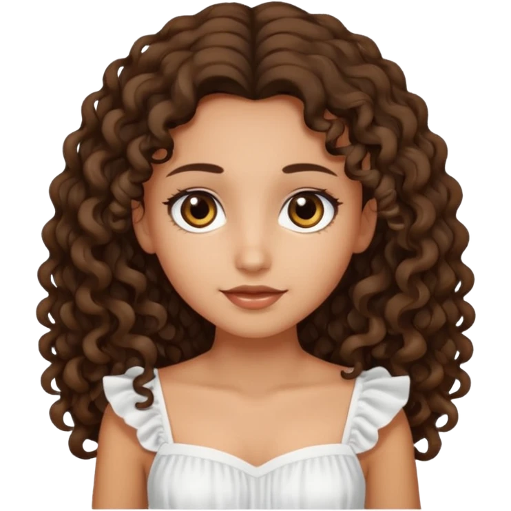 Light tanned skin girl with dark brown very long curly hair, dark eyes, white dress  emoji