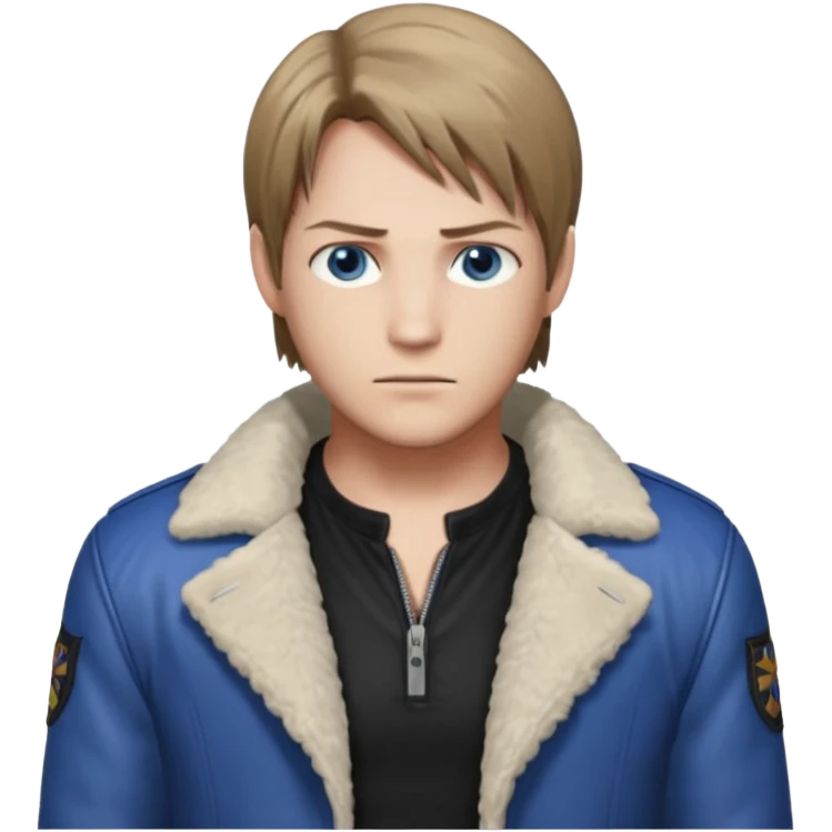 Leon Kennedy from resident evil 4 remake in sheepskin coat and black t-shirt blue eyes clean-shaved emoji