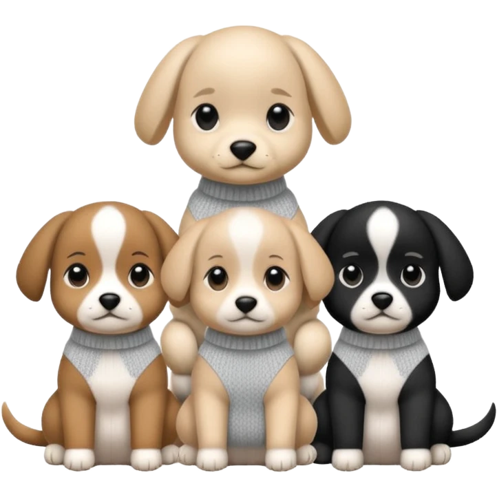 3 cagnolini seduti  in bianco e nero con vestitini in maglia emoji