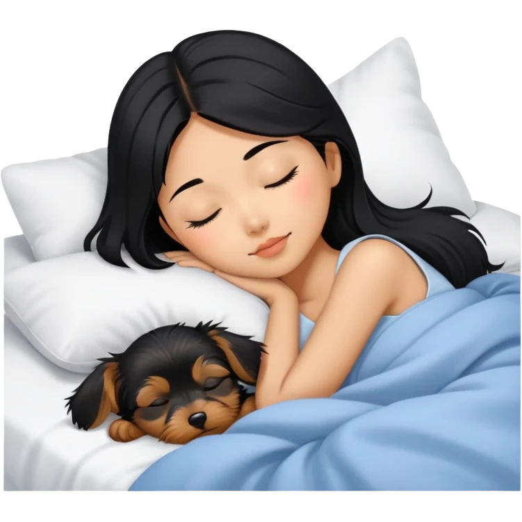 pretty asian girl with black hair sleeping in bed with small yorkshire terrier emoji