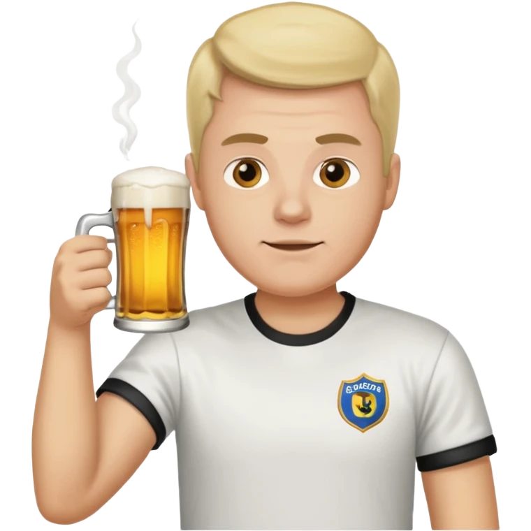 Men with Bolsdorf shirt drinks beer and watches race emoji