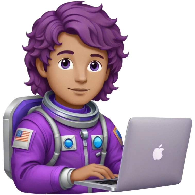 dude astronaut with purple suit, blue eyes, brown wavy hair and one macbook emoji