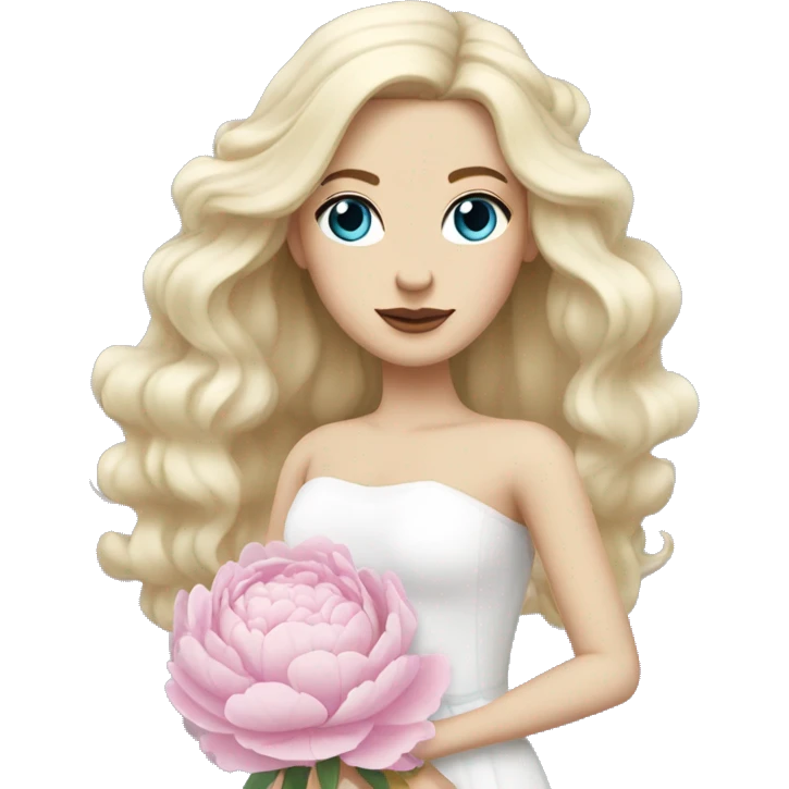 White bride with long light blonde hair and blue eyes with light pink peonies in hair white skin  emoji