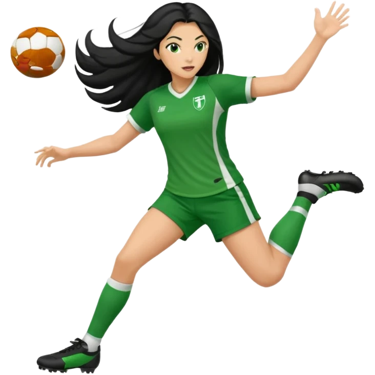 Long Haired Football Players, Female player, green cloth, full body kick ball emoji