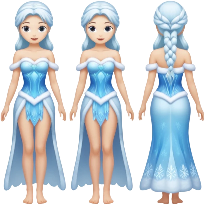 Four images of the same ice Snow Maiden character with two arms and two legs: front view, back view, side view, three-quarter view. Full body, translucent ice, winter fairy tale style, consistent design, clean anatomy. emoji