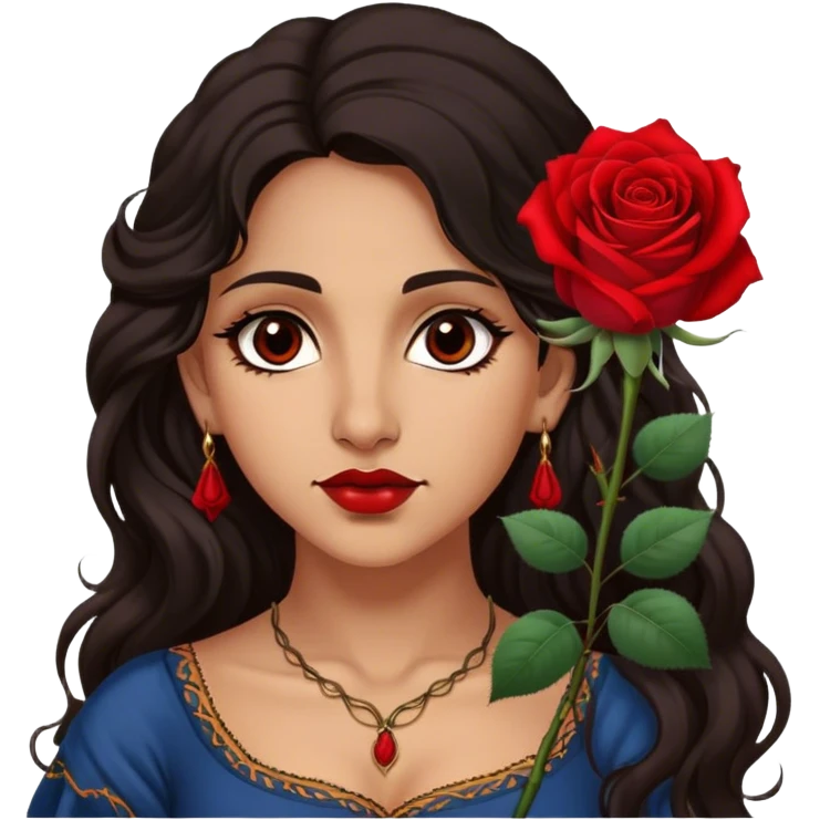 A Romani woman with long, wavy dark hair and a single red rose behind one ear. She has deep eyes and a confident, mysterious expression emoji