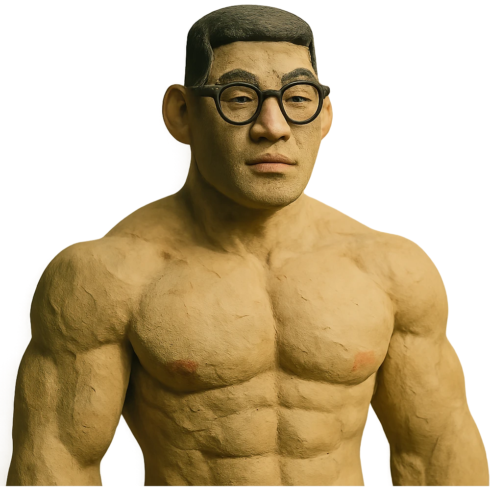 muscular tall Korean man with glasses and short hair emoji