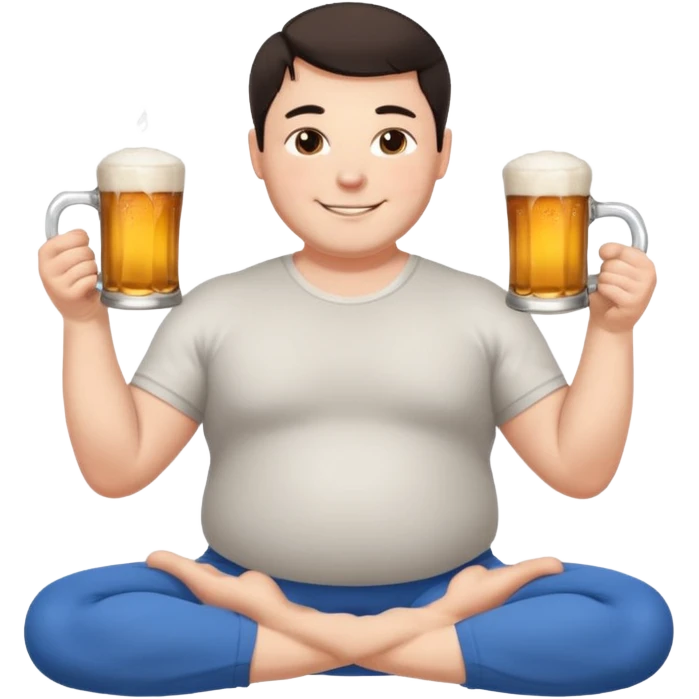 big white guy sitting in yoga pose, winter dressed, short dark hair, holding beer mugs in two hands, sitting emoji