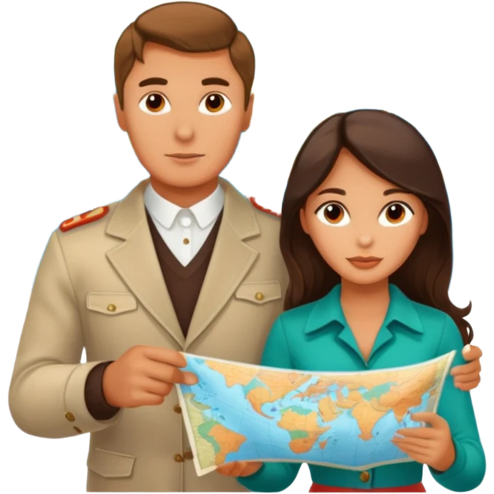 Russian man and elegant fair-skinned Latina girl in costal outfits with a map planning  emoji