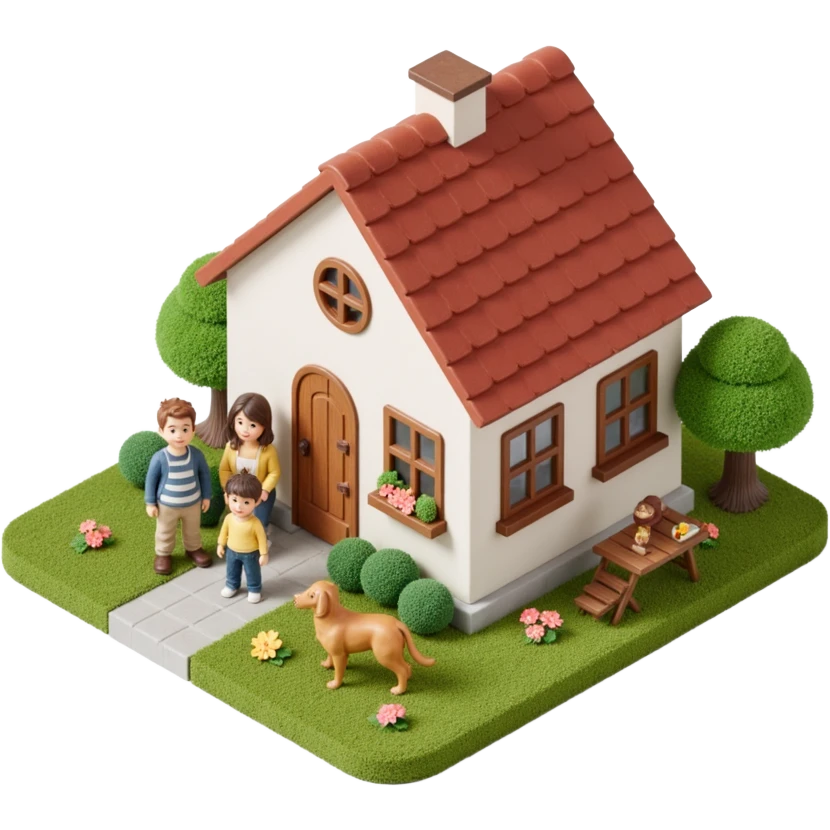 skeuomorphic icon of a cozy house with a family of four (two adults, two children) and a dog in front, realistic textures and soft shadows emoji