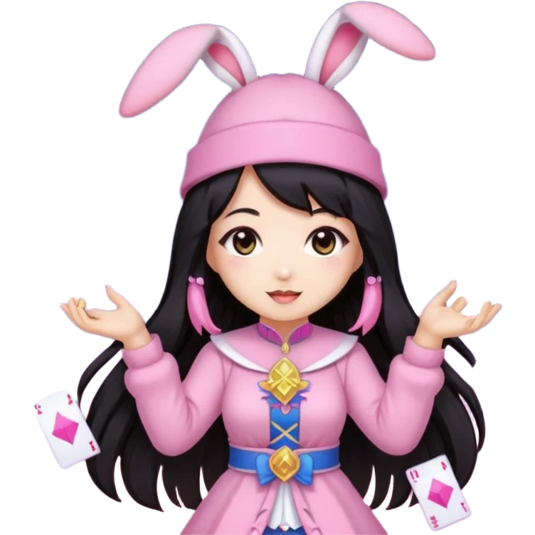 pixel art chibi asian girl with dark long hair in pink bunny ears hat magical girl with kawaii tarot cards thrown in air pixel emoji emoji