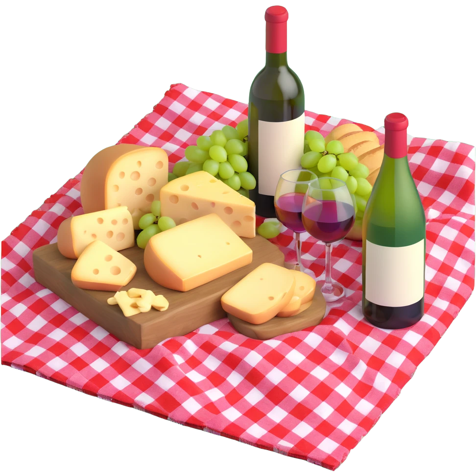 picnic with cheese, bread, grapes and wine on a red and white checkered blanket emoji