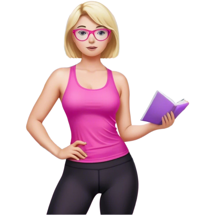 Curvy fair skinned woman, freckled skin, short blond hair, small light purple reading glasses, cleaning kitchen, short flowing sheer hot pink tank top, without undergarments SFW, tight black yoga pants, thick booty emoji