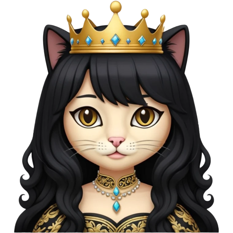 cat dressed like a beautiful queen with a long pretty black wig emoji