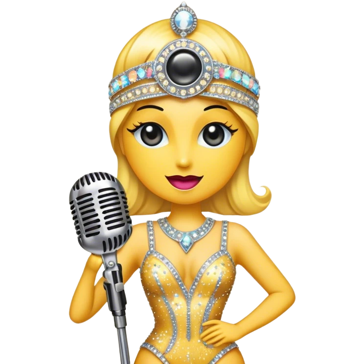 Create a glamorous and vibrant emoji representing stage vocal performance. The design should feature a classic vintage microphone at the center, surrounded by an eye-catching stage costume covered in rhinestones, sparkling brightly. The costume should be stylized, with glittering elements like sequins and sparkles, and reflect the glitzy, extravagant nature of show business. The microphone should have a sleek, retro look with chrome or metallic accents. Use rich, dazzling colors like gold, silver, deep purple, and bright red to evoke the glamorous, larger-than-life feel of a stage performance. The background should be transparent. emoji