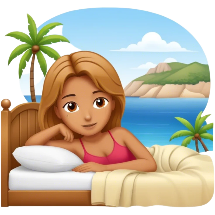 Девушка в кровати в отпуске у моря emoji