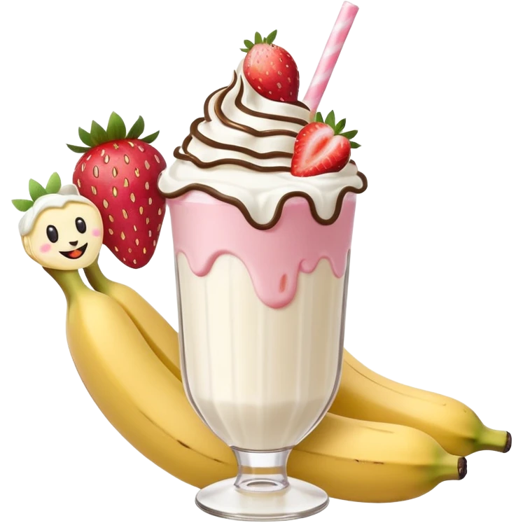 Milkshake vanilla with a banana sticking out of it and two strawberries on both sides of the banana at the very tip of the banana, whipped cream and a smiley face emoji