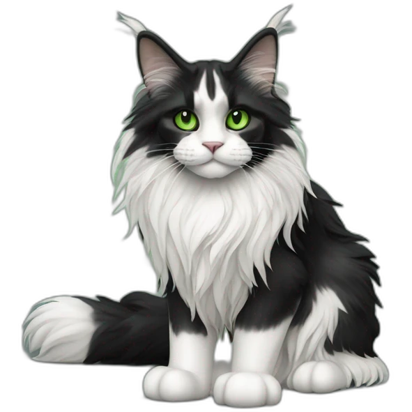 Black and white Maine coon with green eyes, full body, realism emoji