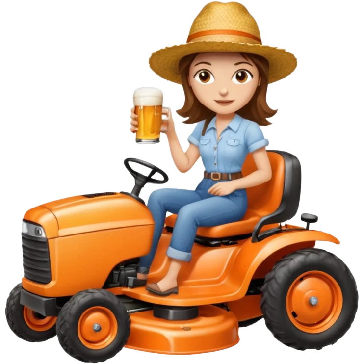 White woman with brown hair, without glasses wearing a straw hat, on old orange ride on lawn mower, holding a beer emoji